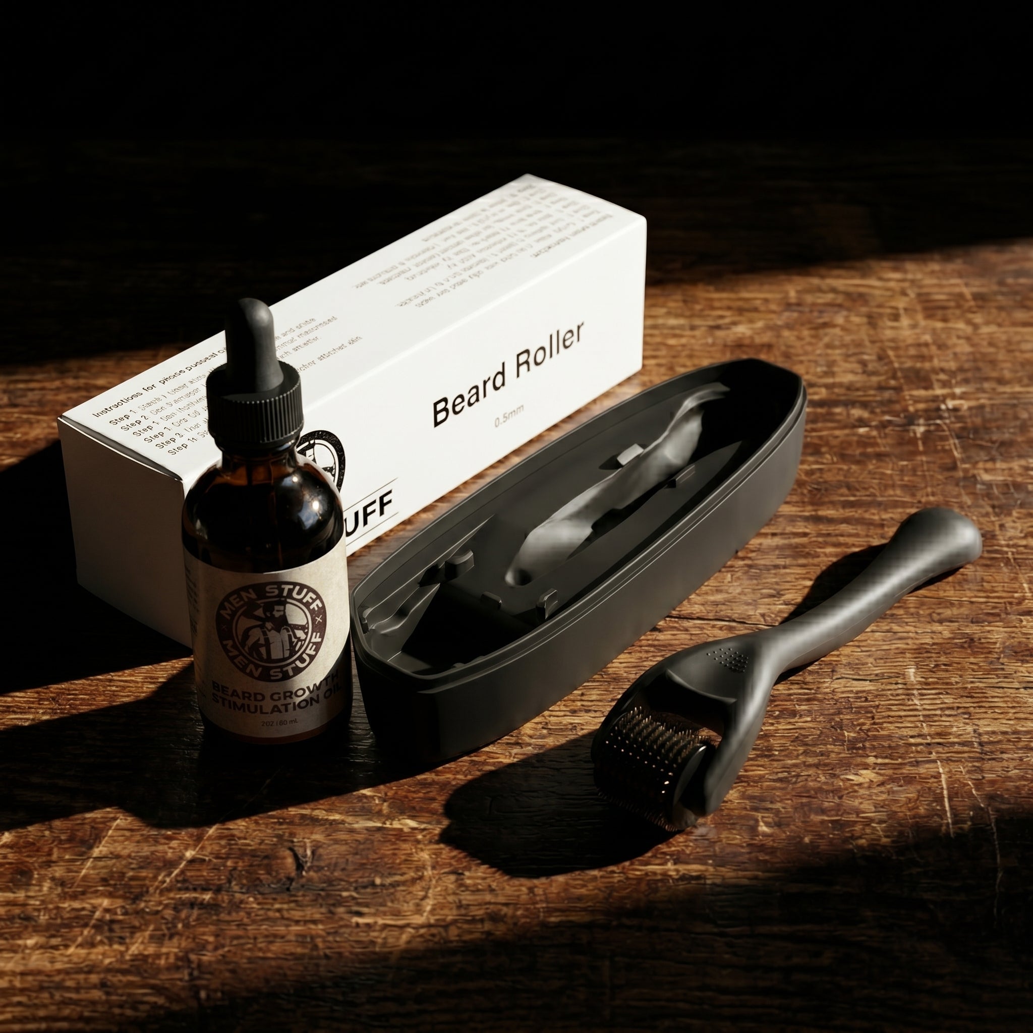 MEN STUFF Beard Builder Kit — beard growth oil and 0.5mm derma roller kit for men, 90-day beard routine